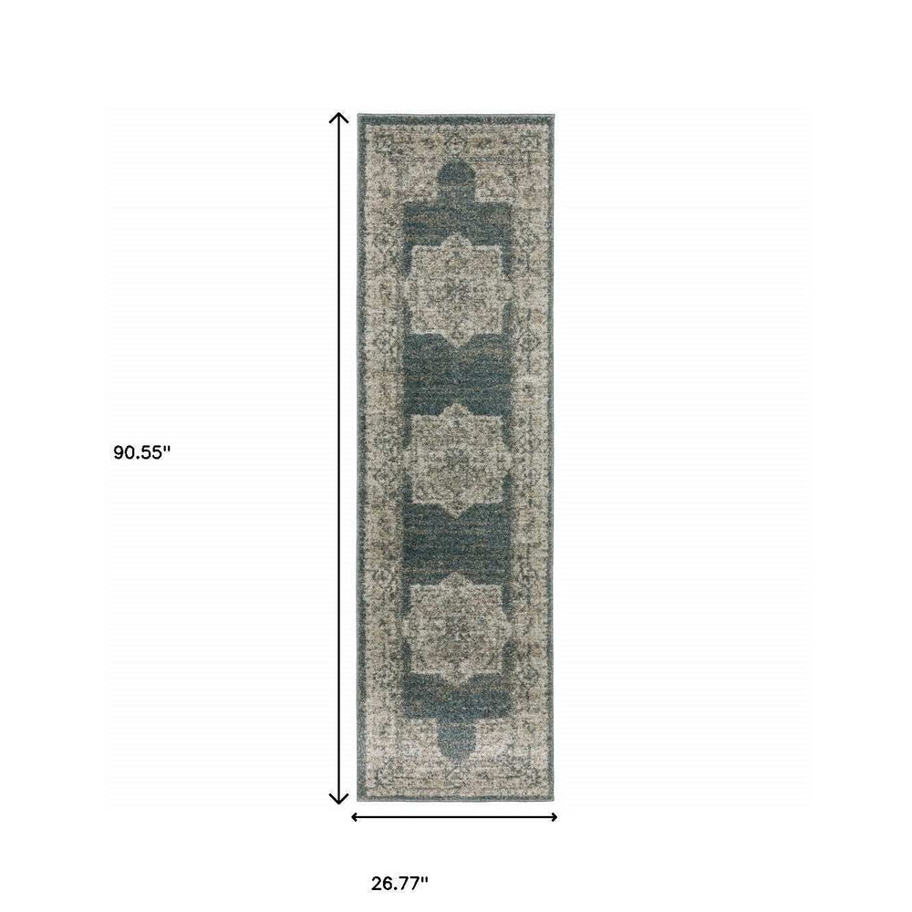 8' Runner Blue and Beige Oriental Power Loom Runner Rug - Homeroots - Flyclothing LLC