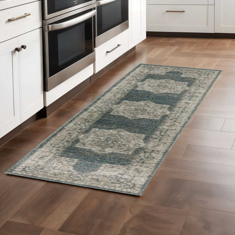 8' Runner Blue and Beige Oriental Power Loom Runner Rug - Homeroots - Flyclothing LLC