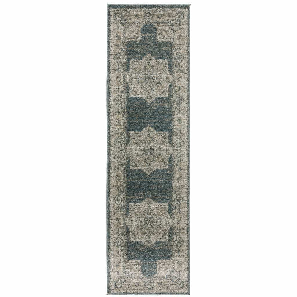 8' Runner Blue and Beige Oriental Power Loom Runner Rug - Homeroots - Flyclothing LLC