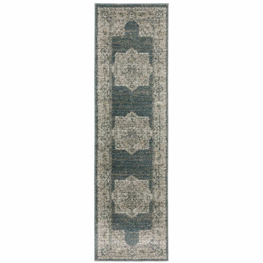 8' Runner Blue and Beige Oriental Power Loom Runner Rug - Homeroots - Flyclothing LLC