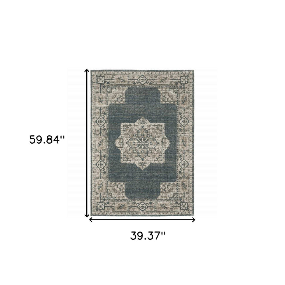 3' X 5' Blue and Beige Oriental Power Loom Area Rug - Homeroots - Flyclothing LLC