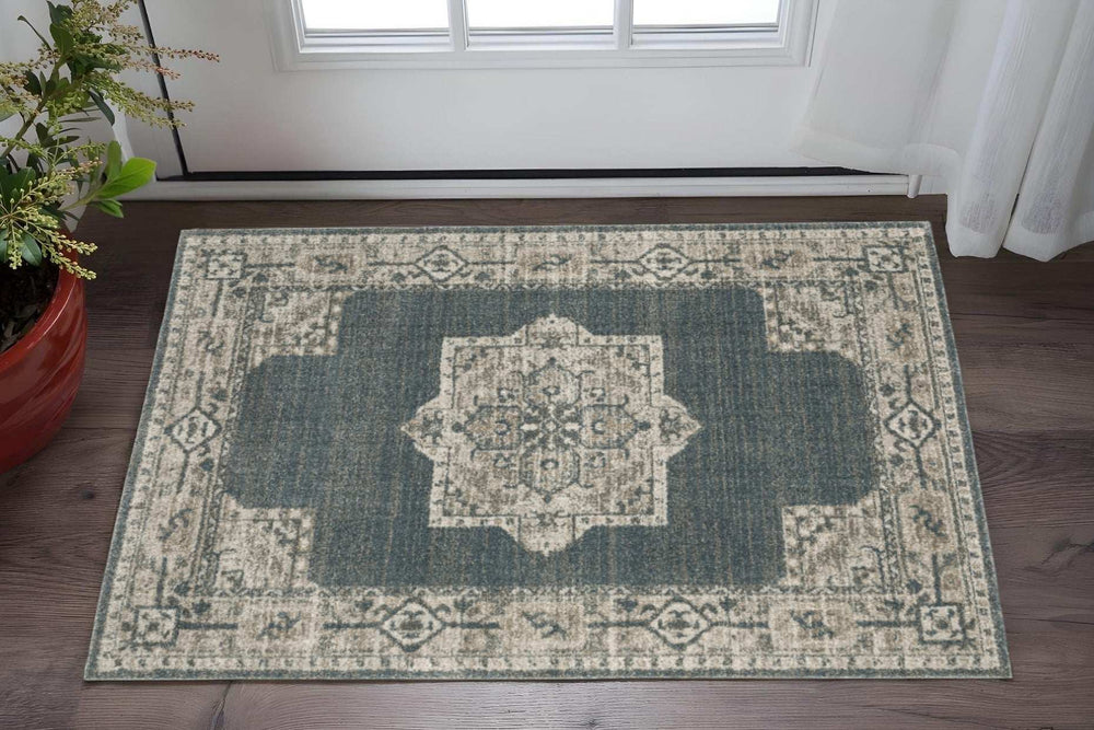 3' X 5' Blue and Beige Oriental Power Loom Area Rug - Homeroots - Flyclothing LLC