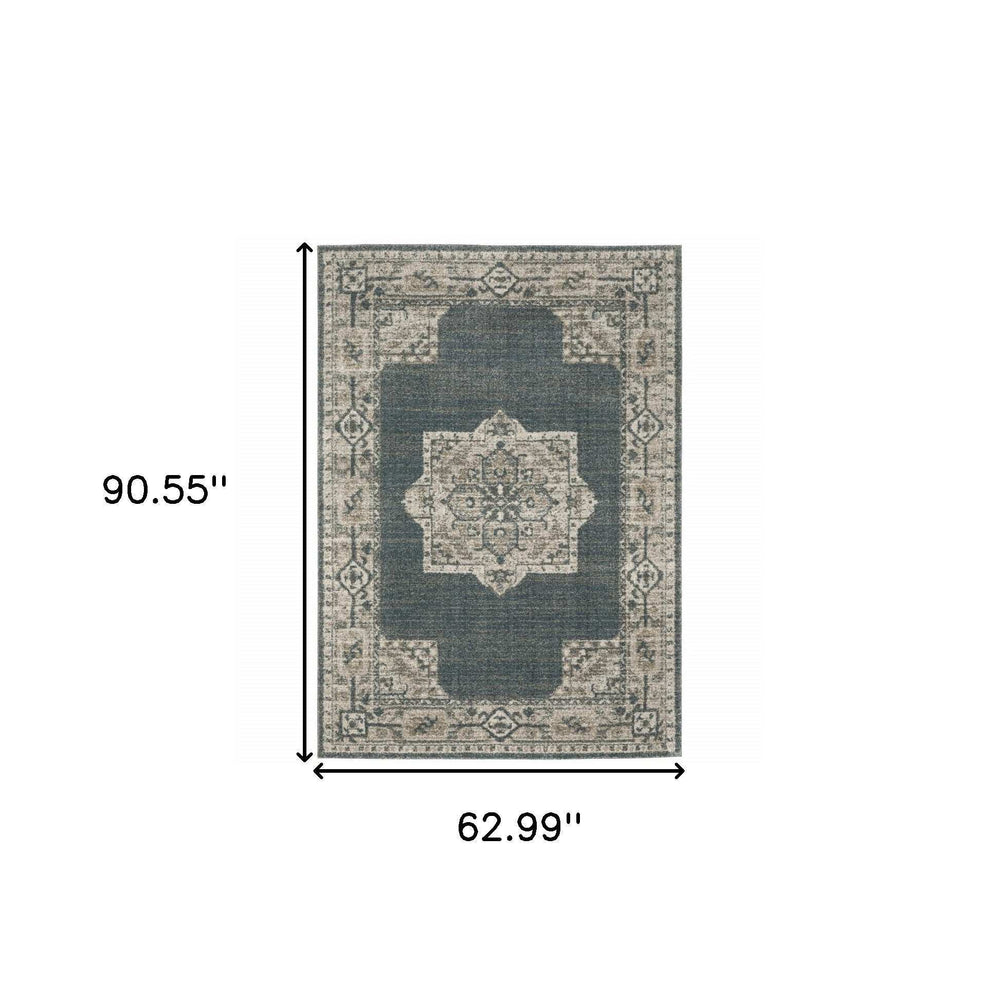 5' X 8' Blue and Beige Oriental Power Loom Area Rug - Homeroots - Flyclothing LLC