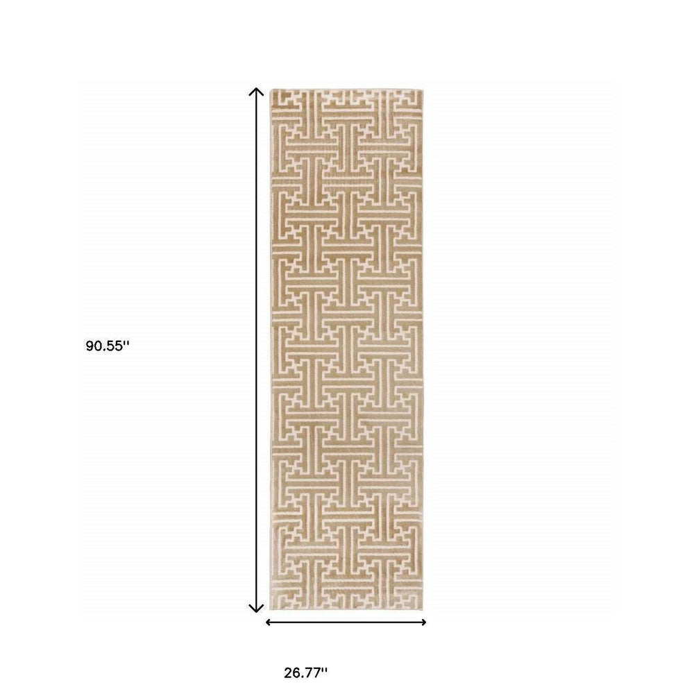 2' X 8' Gold And Ivory Geometric Power Loom Stain Resistant Runner Rug - Homeroots - Flyclothing LLC