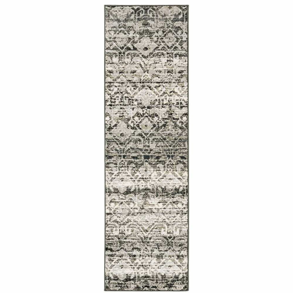 2' X 8' Grey And Ivory Geometric Power Loom Stain Resistant Runner Rug - Homeroots - Flyclothing LLC