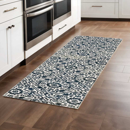 2' X 8' Navy And Ivory Geometric Power Loom Stain Resistant Runner Rug - Homeroots - Flyclothing LLC