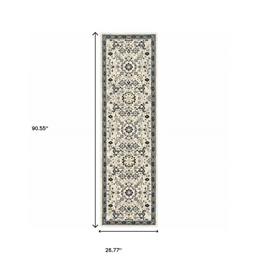 2' X 8' Ivory Navy And Gold Oriental Power Loom Stain Resistant Runner Rug - Homeroots - Flyclothing LLC