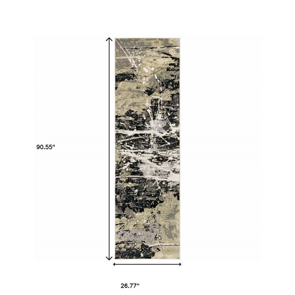 2' X 8' Black Gold Grey And Ivory Abstract Power Loom Stain Resistant Runner Rug - Homeroots - Flyclothing LLC