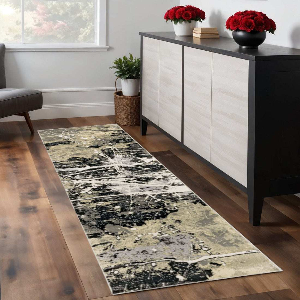 2' X 8' Black Gold Grey And Ivory Abstract Power Loom Stain Resistant Runner Rug - Homeroots - Flyclothing LLC