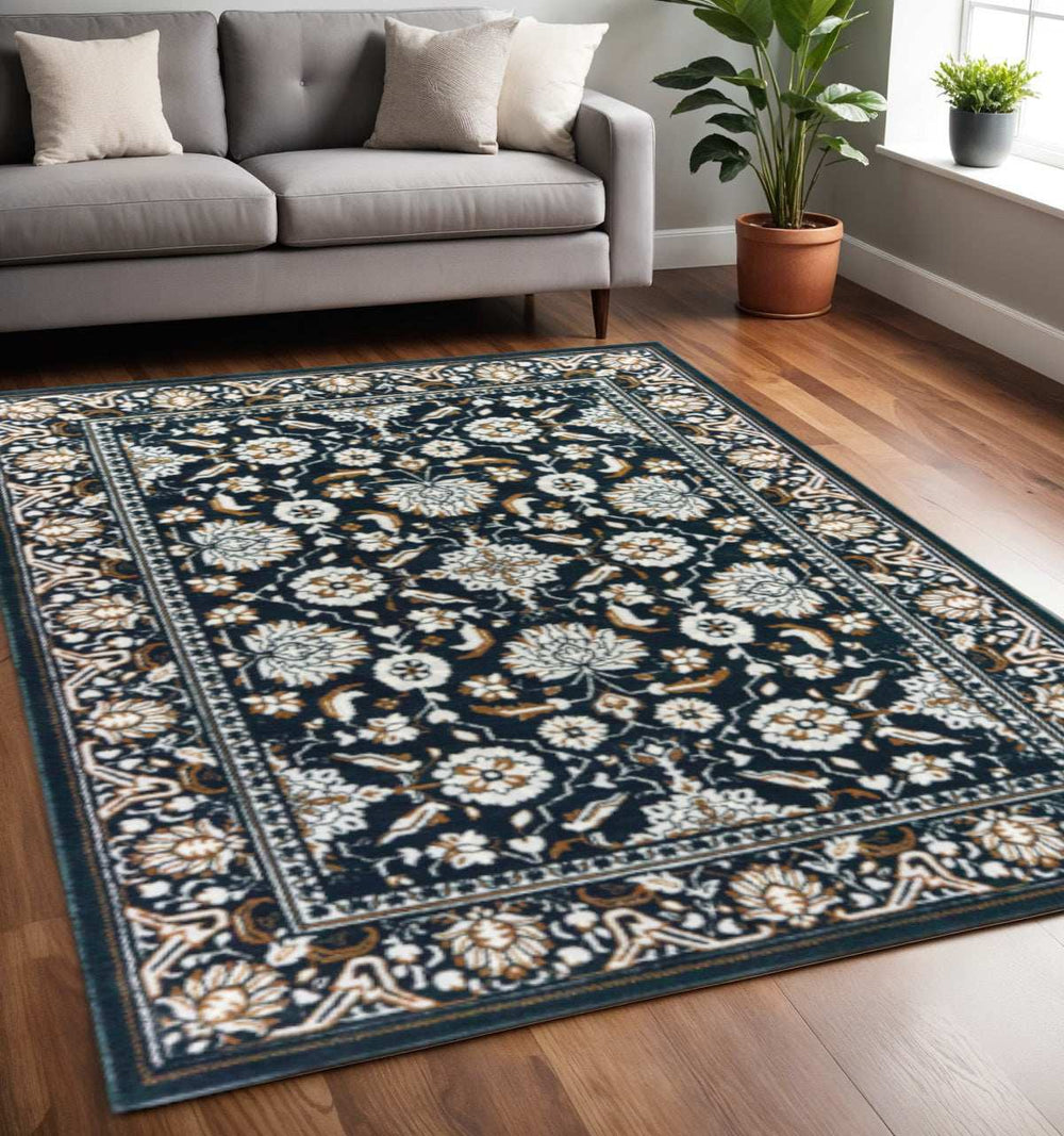 5' X 8' Navy Caramel And Ivory Oriental Power Loom Stain Resistant Area Rug - Homeroots - Flyclothing LLC