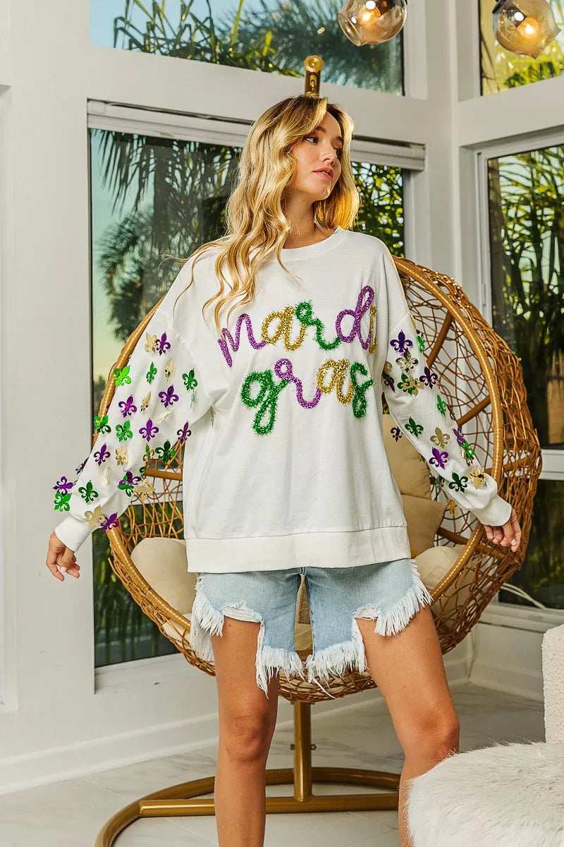 BiBi Fleur De Lis Sleeve Mardi Gras Pullover - Trendsi - Flyclothing LLC