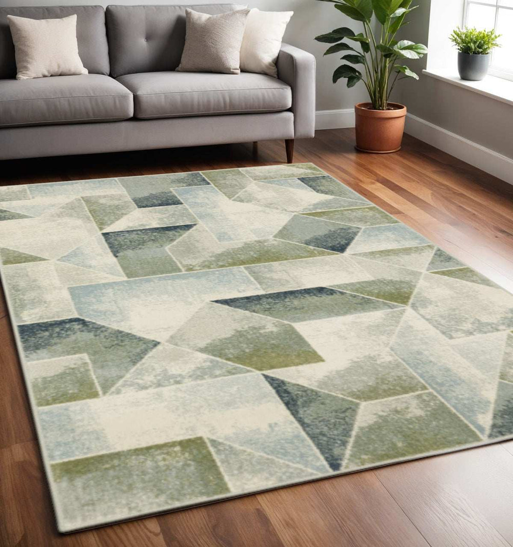 5' X 7' Blue Green Grey Gold And Ivory Geometric Power Loom Stain Resistant Area Rug - Homeroots - Flyclothing LLC