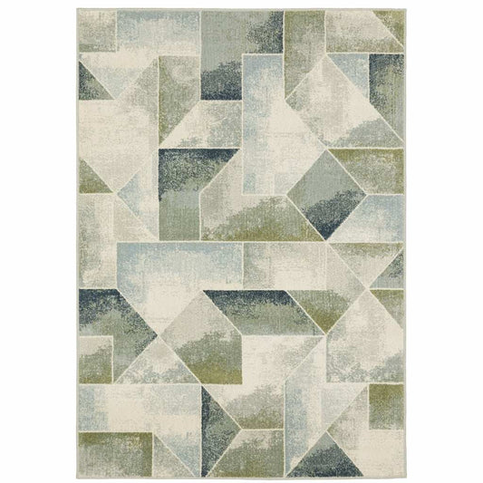 10' X 13' Blue Green Grey Gold And Ivory Geometric Power Loom Stain Resistant Area Rug - Homeroots - Flyclothing LLC