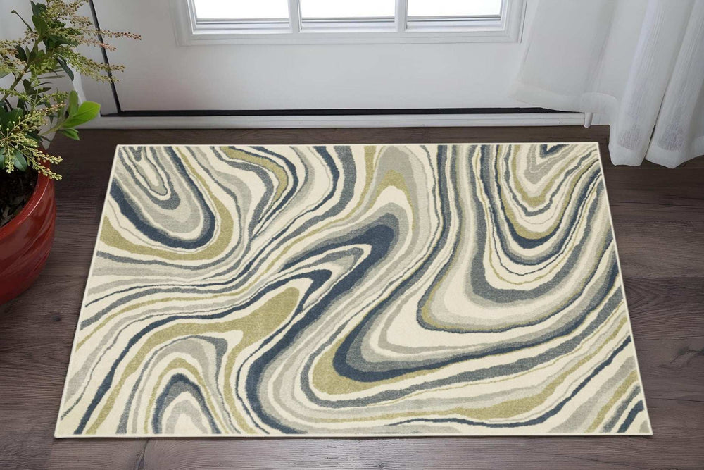 3' X 5' Ivory Blue And Beige Abstract Power Loom Stain Resistant Area Rug - Homeroots - Flyclothing LLC