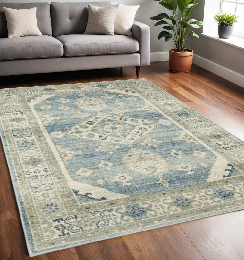 5' X 7' Blue Grey Beige And Teal Oriental Power Loom Stain Resistant Area Rug - Homeroots - Flyclothing LLC