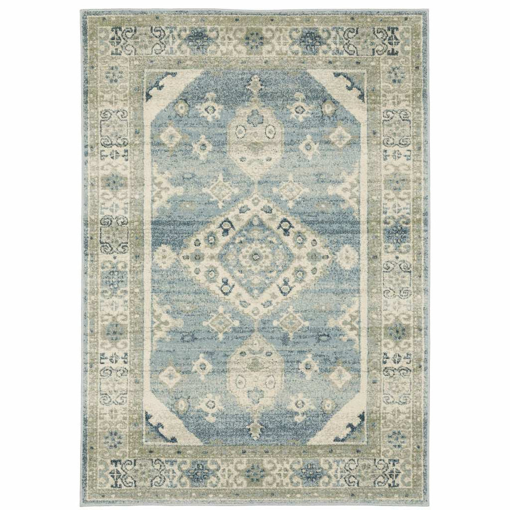 5' X 7' Blue Grey Beige And Teal Oriental Power Loom Stain Resistant Area Rug - Homeroots - Flyclothing LLC