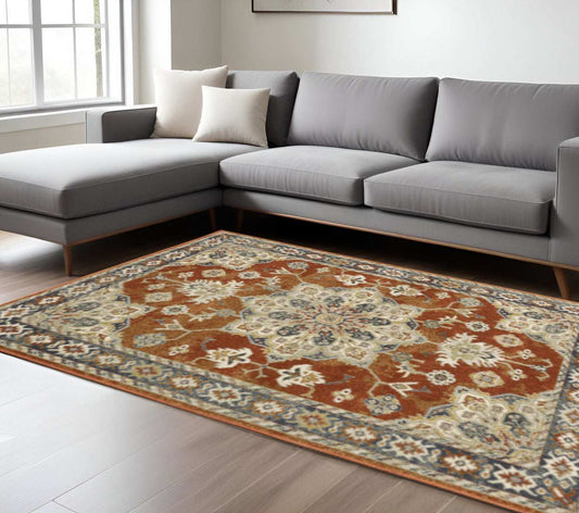 8' X 10' Rust Beige Teal Blue And Gold Oriental Power Loom Stain Resistant Area Rug - Homeroots - Flyclothing LLC