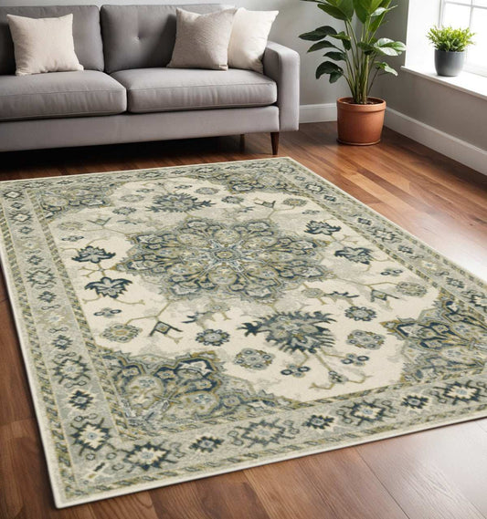 5' X 7' Ivory Blue Teal Grey And Olive Green Oriental Power Loom Stain Resistant Area Rug - Homeroots - Flyclothing LLC