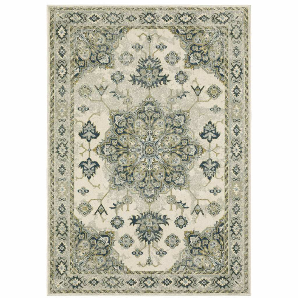 5' X 7' Ivory Blue Teal Grey And Olive Green Oriental Power Loom Stain Resistant Area Rug - Homeroots - Flyclothing LLC