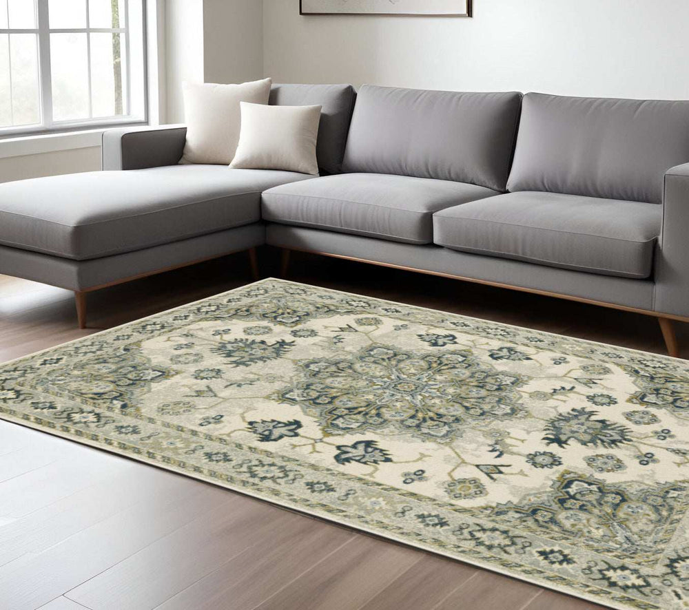 6' X 9' Ivory Blue Teal Grey And Olive Green Oriental Power Loom Stain Resistant Area Rug - Homeroots - Flyclothing LLC