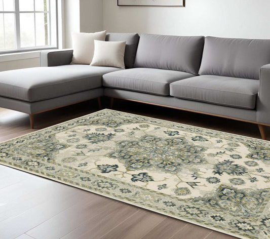 6' X 9' Ivory Blue Teal Grey And Olive Green Oriental Power Loom Stain Resistant Area Rug - Homeroots - Flyclothing LLC