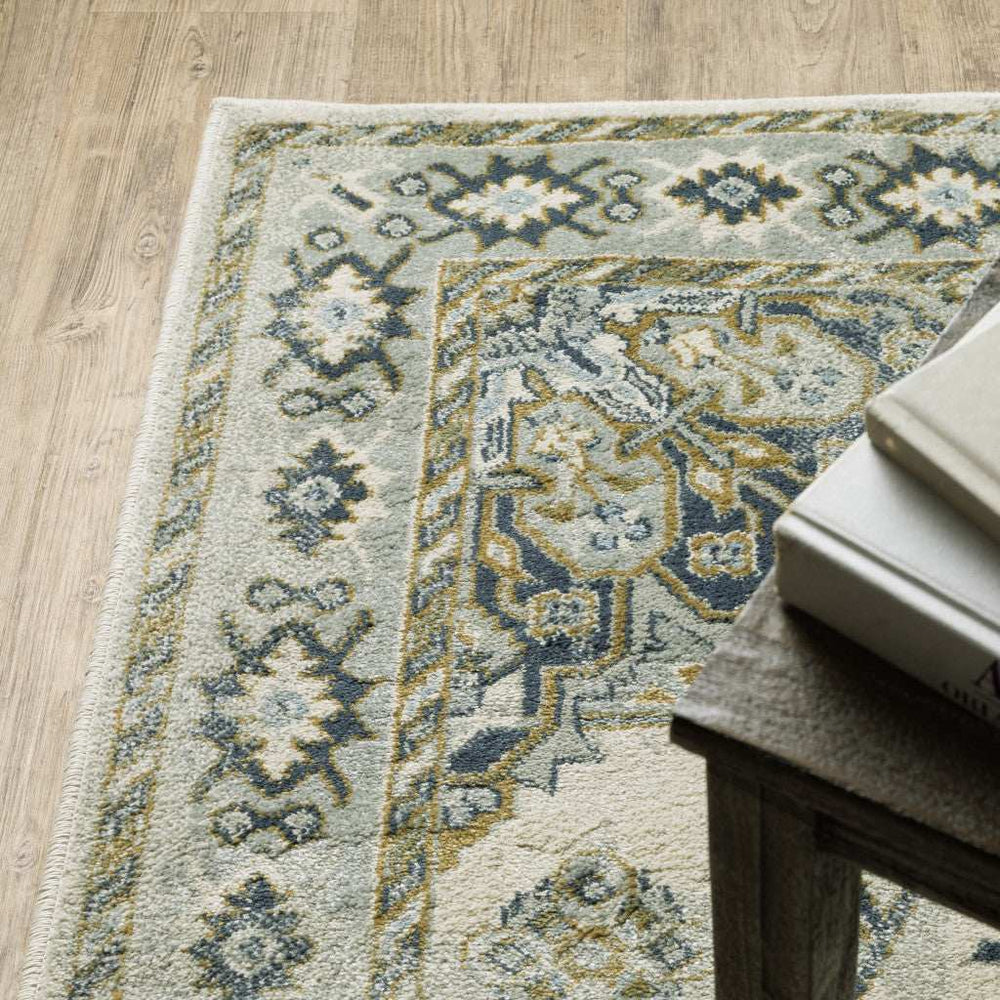 10' X 13' Ivory Blue Teal Grey And Olive Green Oriental Power Loom Stain Resistant Area Rug - Homeroots - Flyclothing LLC