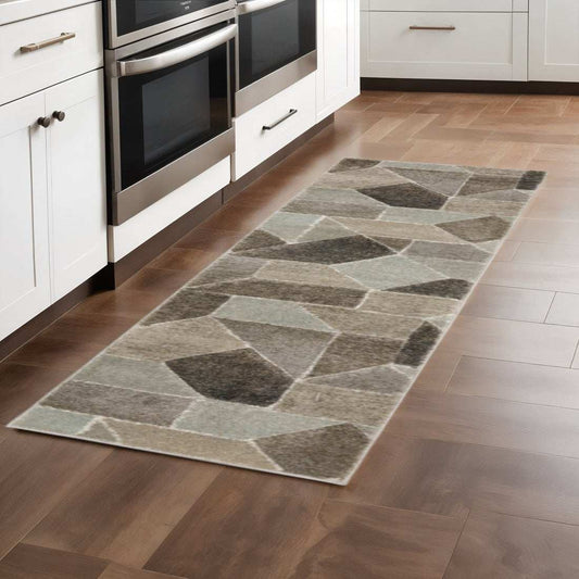 2' X 8' Grey Brown Beige Tan Taupe And Ivory Geometric Power Loom Stain Resistant Runner Rug - Homeroots - Flyclothing LLC