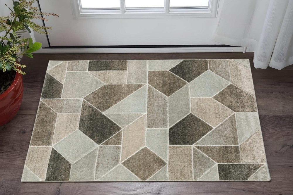 3' X 5' Grey Brown Beige Tan Taupe And Ivory Geometric Power Loom Stain Resistant Area Rug - Homeroots - Flyclothing LLC