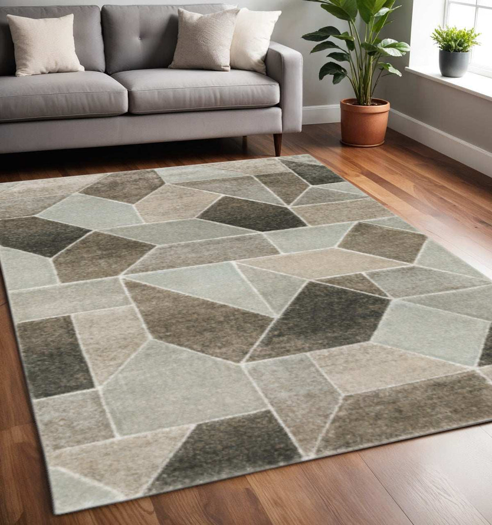 5' X 8' Grey Brown Beige Tan Taupe And Ivory Geometric Power Loom Stain Resistant Area Rug - Homeroots - Flyclothing LLC
