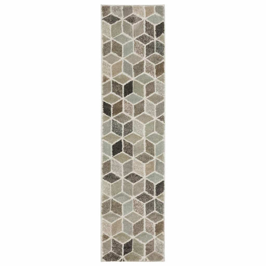 2' X 8' Beige Brown Grey Tan Sage And Pale Blue Geometric Power Loom Stain Resistant Runner Rug - Homeroots - Flyclothing LLC