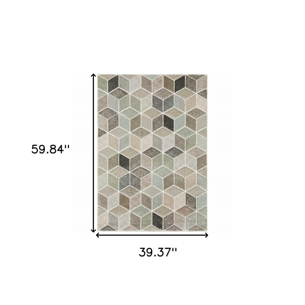3' X 5' Beige Brown Grey Tan Sage And Pale Blue Geometric Power Loom Stain Resistant Area Rug - Homeroots - Flyclothing LLC