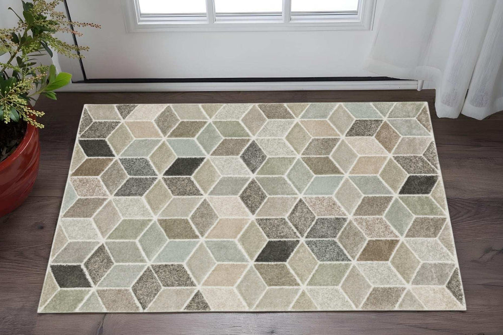 3' X 5' Beige Brown Grey Tan Sage And Pale Blue Geometric Power Loom Stain Resistant Area Rug - Homeroots - Flyclothing LLC