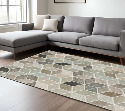 8' X 11' Beige Brown Grey Tan Sage And Pale Blue Geometric Power Loom Stain Resistant Area Rug - Homeroots - Flyclothing LLC