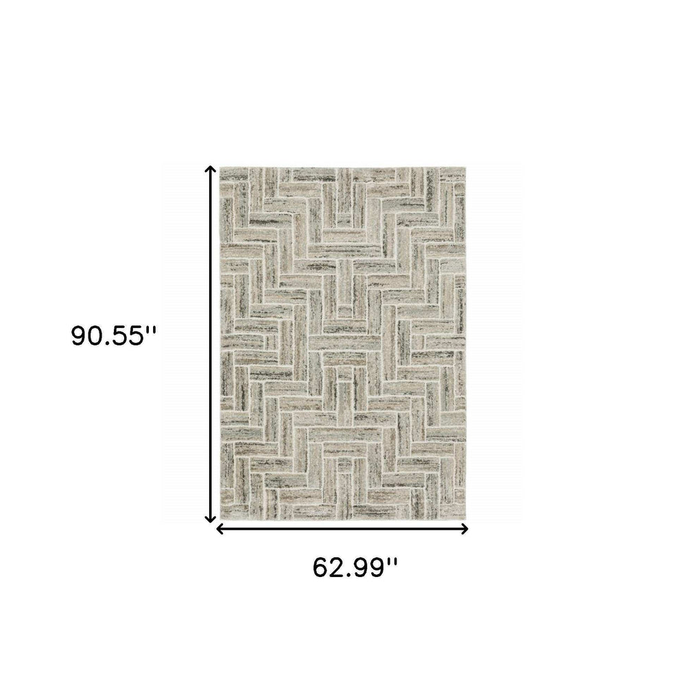 5' X 8' Ivory Beige Grey Brown Pale Blue And Charcoal Geometric Power Loom Stain Resistant Area Rug - Homeroots - Flyclothing LLC