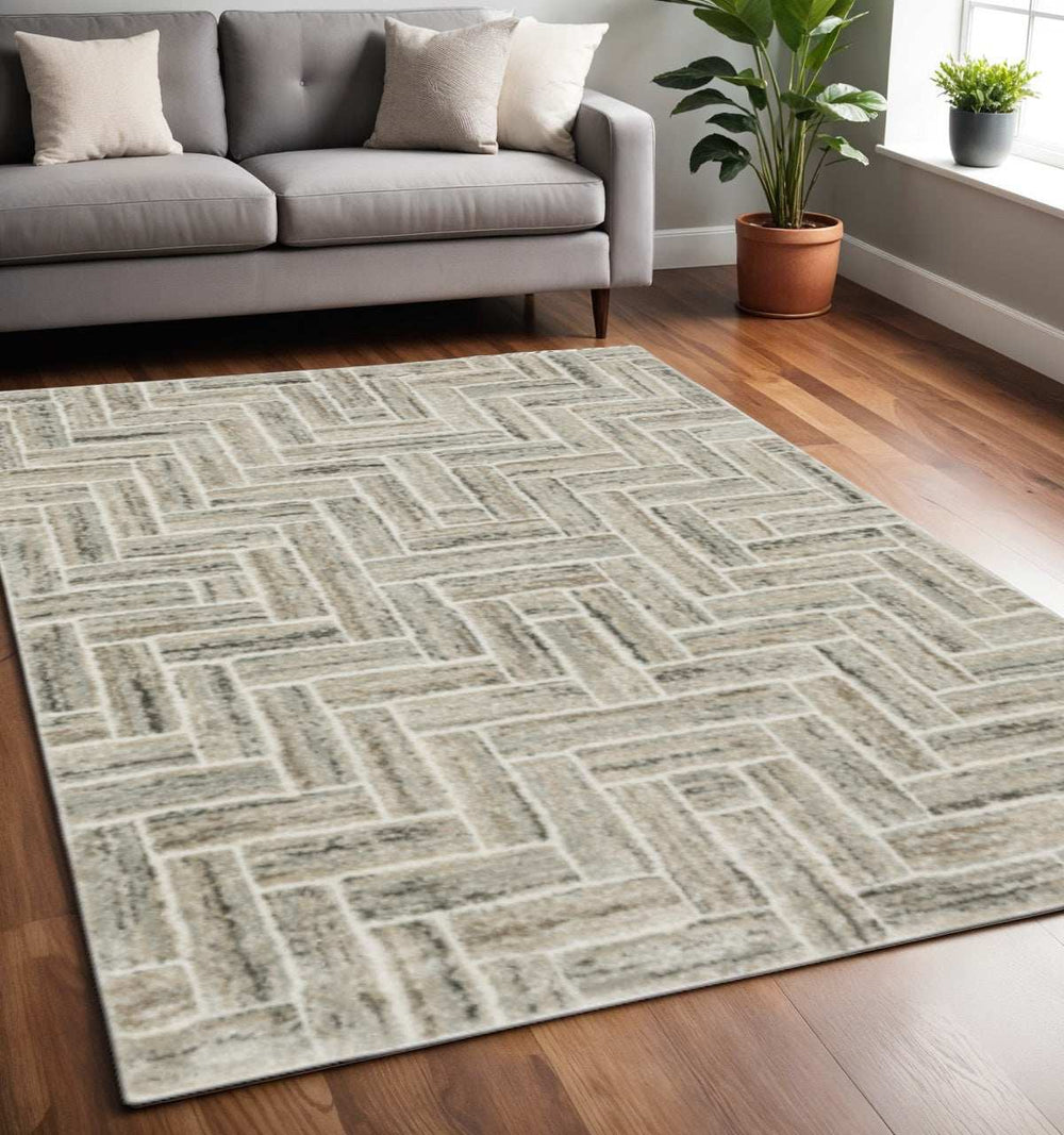 5' X 8' Ivory Beige Grey Brown Pale Blue And Charcoal Geometric Power Loom Stain Resistant Area Rug - Homeroots - Flyclothing LLC