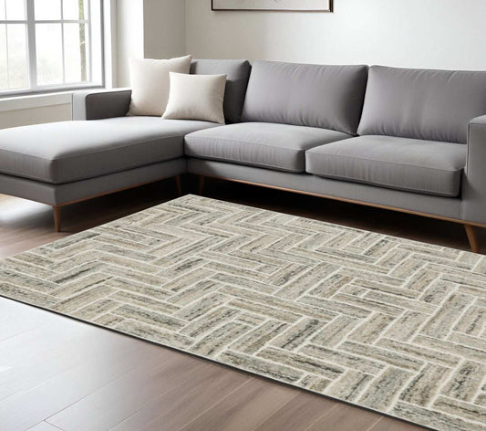 6' X 9' Ivory Beige Grey Brown Pale Blue And Charcoal Geometric Power Loom Stain Resistant Area Rug - Homeroots - Flyclothing LLC