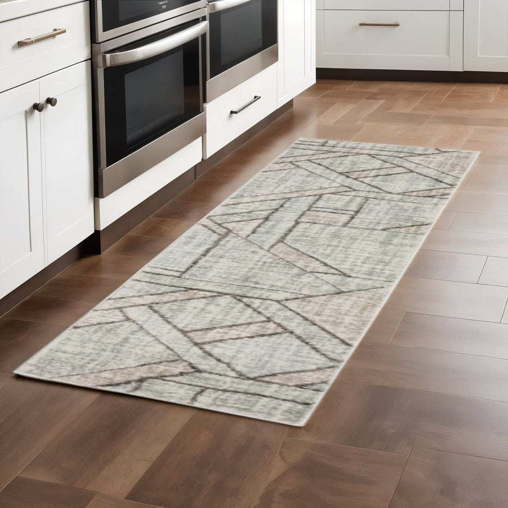 2' X 8' Grey Beige Sage Brown Tan Charcoal And Pale Blue Geometric Power Loom Stain Resistant Runner Rug - Homeroots - Flyclothing LLC