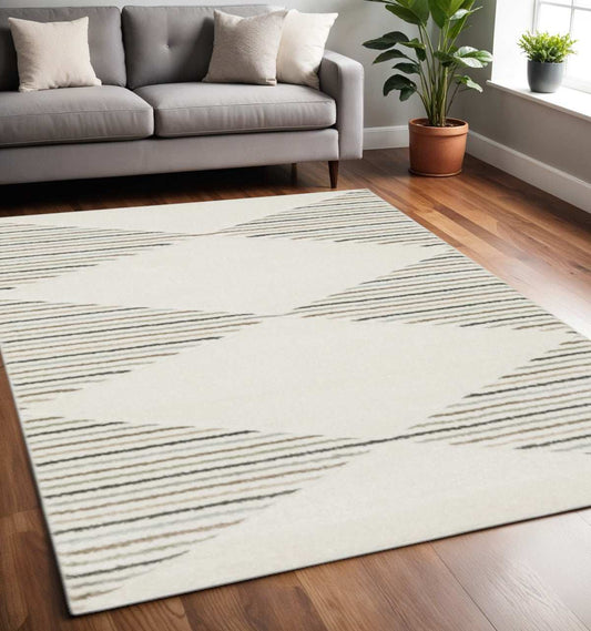5' X 8' Beige Grey Sage Green Pale Blue Brown And Charcoal Geometric Power Loom Stain Resistant Area Rug - Homeroots - Flyclothing LLC