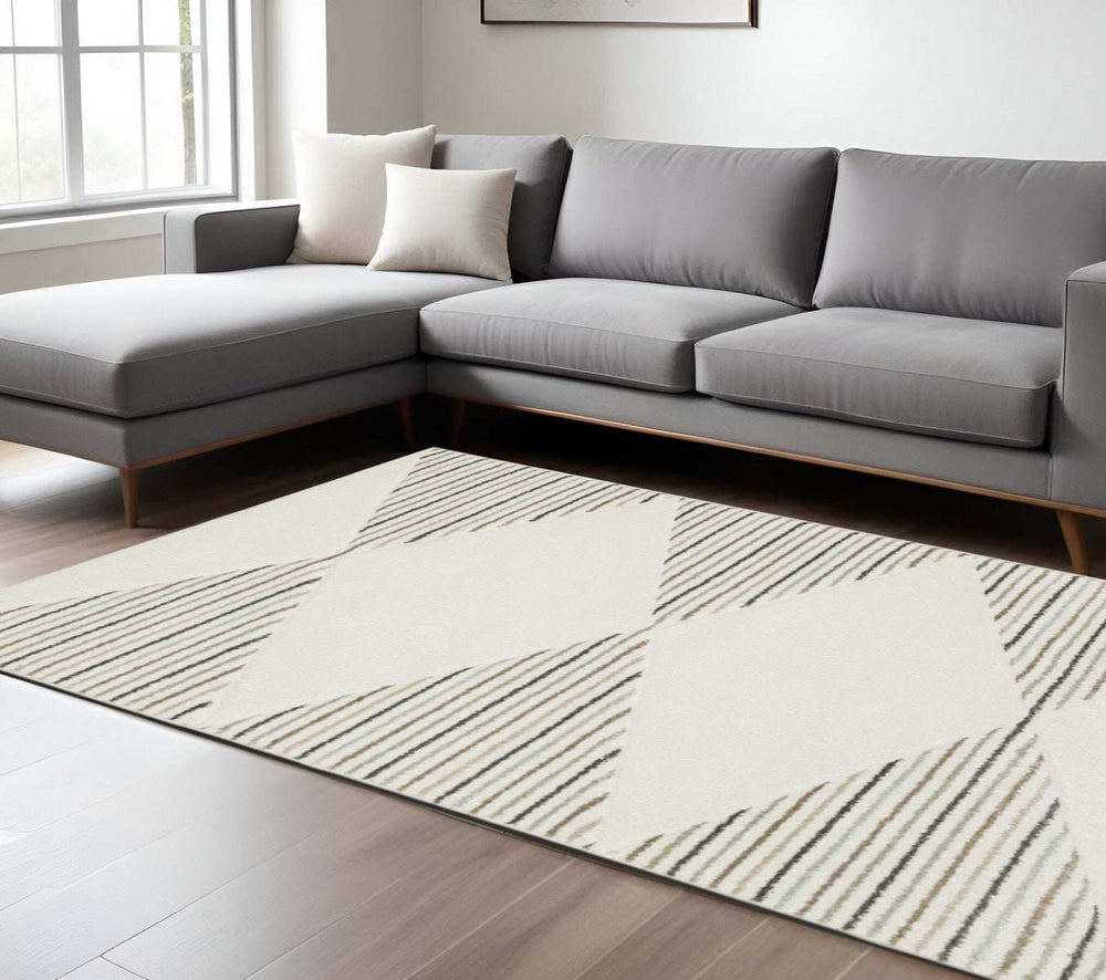 8' X 11' Beige Grey Sage Green Pale Blue Brown And Charcoal Geometric Power Loom Stain Resistant Area Rug - Homeroots - Flyclothing LLC