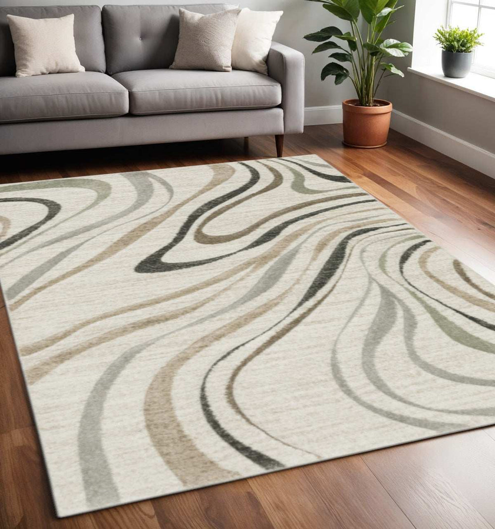 5' X 8' Beige Grey Brown Sage Pale Blue Tan And Charcoal Abstract Power Loom Stain Resistant Area Rug - Homeroots - Flyclothing LLC