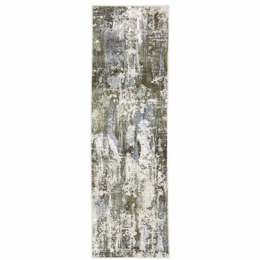 2' X 8' Green Blue Grey Ivory And Brown Abstract Power Loom Stain Resistant Runner Rug - Homeroots - Flyclothing LLC