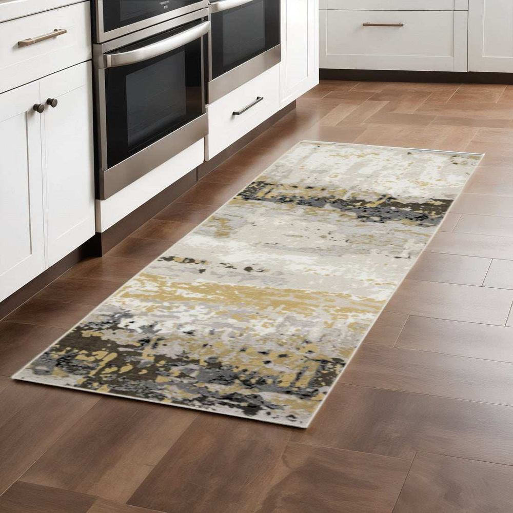 2' X 8' Grey Gold Beige Black And Brown Abstract Power Loom Stain Resistant Runner Rug - Homeroots - Flyclothing LLC