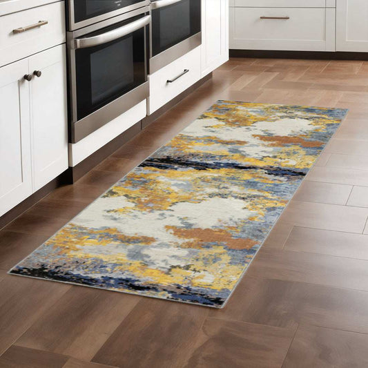 2' X 8' Yellow Gold Blue Grey Brown And Beige Abstract Power Loom Stain Resistant Runner Rug - Homeroots - Flyclothing LLC