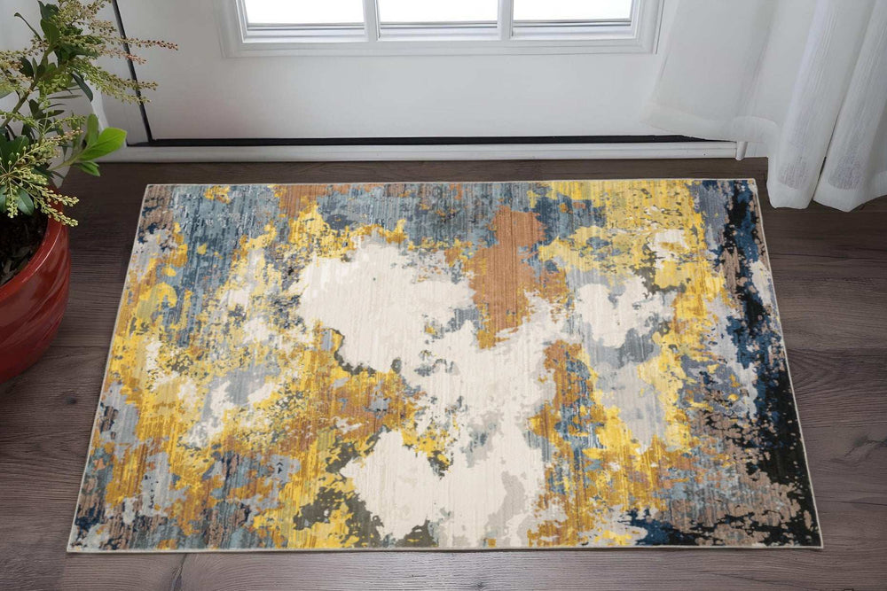 3' X 5' Yellow Gold Blue Grey Brown And Beige Abstract Power Loom Stain Resistant Area Rug - Homeroots - Flyclothing LLC