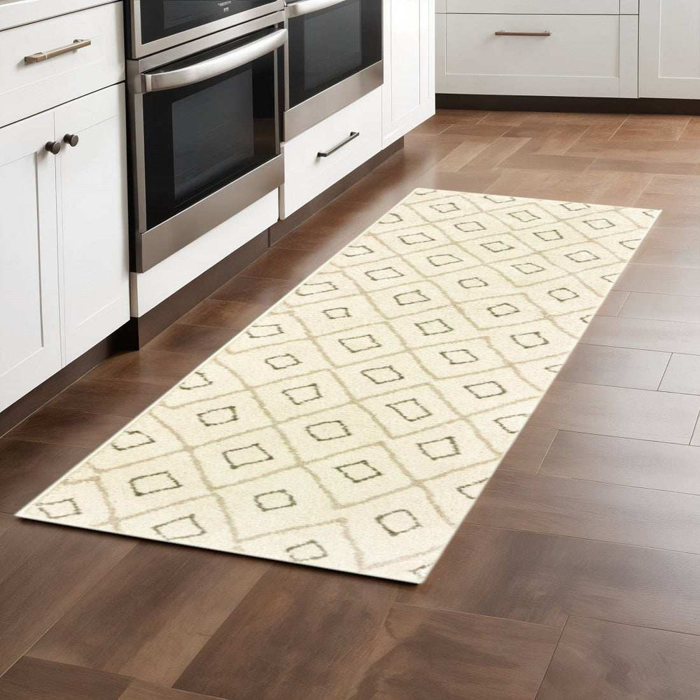 2' X 8' Sand Ash Grey And Ivory Geometric Power Loom Stain Resistant Runner Rug - Homeroots - Flyclothing LLC