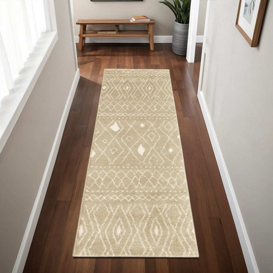 8' Sand And Ivory Geometric Power Loom Runner Rug - Homeroots - Flyclothing LLC