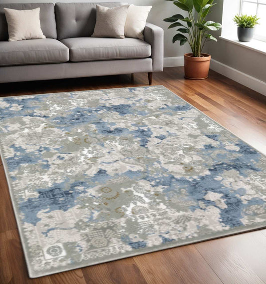 5' X 8' Grey Blue Ivory Navy Beige And Brown Abstract Power Loom Stain Resistant Area Rug - Homeroots - Flyclothing LLC