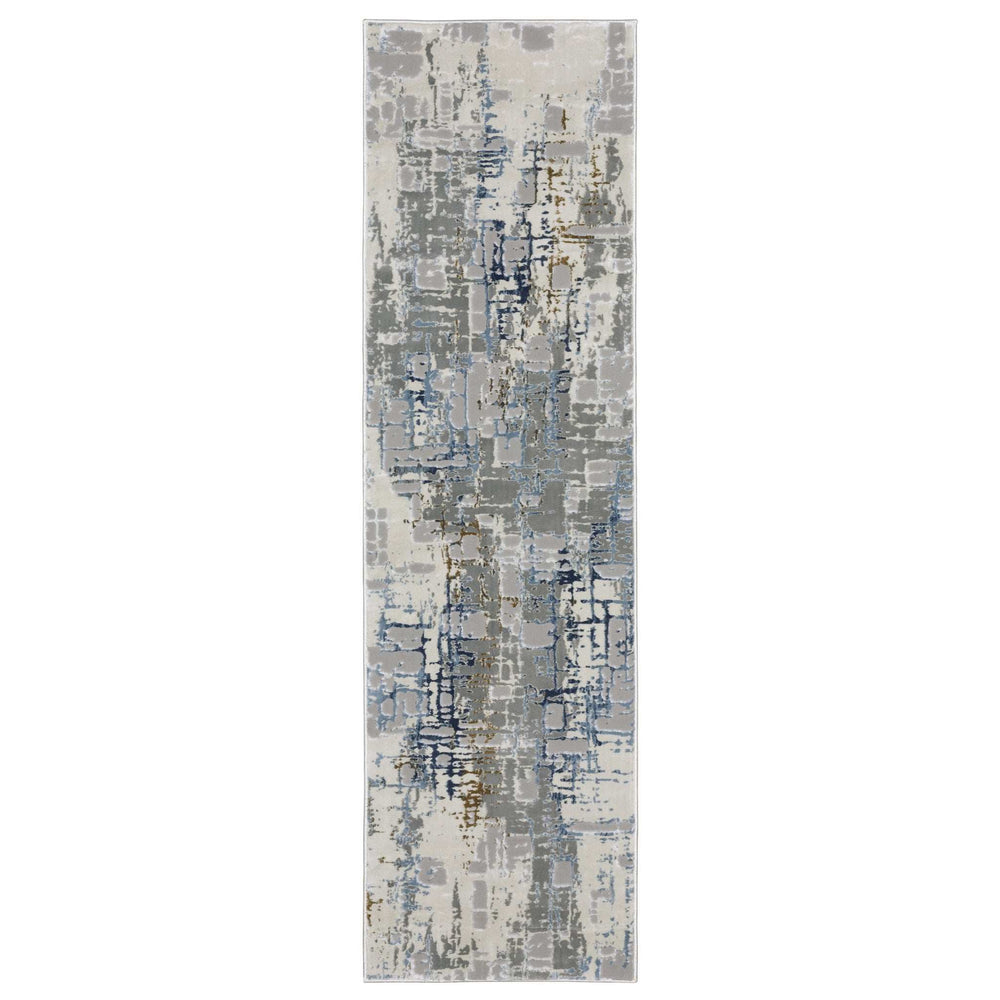 2' X 8' Grey Blue Brown Ivory And Deep Blue Abstract Power Loom Stain Resistant Runner Rug - Homeroots - Flyclothing LLC