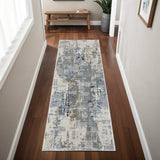 2' X 8' Grey Blue Brown Ivory And Deep Blue Abstract Power Loom Stain Resistant Runner Rug - Homeroots - Flyclothing LLC