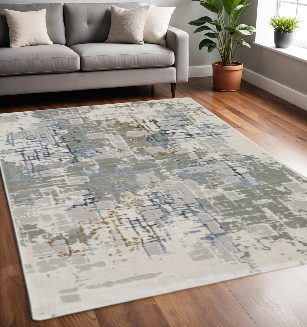5' X 8' Grey Blue Brown Ivory And Deep Blue Abstract Power Loom Stain Resistant Area Rug - Homeroots - Flyclothing LLC